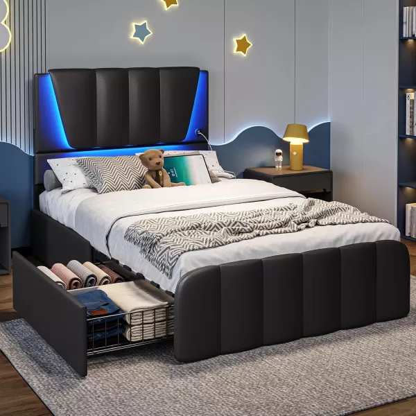 VIAGDO Twin Bed Frames with Storage Drawers and LED Lights Upholstered Platform Bed Frame Twin Size with Height Adjustable Headboard 2 USB Ports No Box Spring Needed Cream WhiteBlack