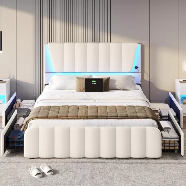 VIAGDO Twin Bed Frames with Storage Drawers and LED Lights Upholstered Platform Bed Frame Twin Size with Height Adjustable Headboard 2 USB Ports No Box Spring Needed Cream WhiteCream White