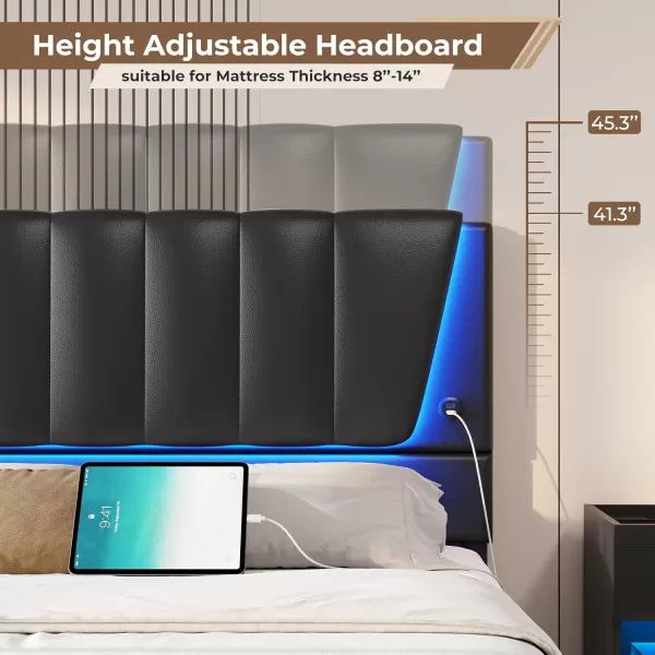 VIAGDO Twin Bed Frames with Storage Drawers and LED Lights Upholstered Platform Bed Frame Twin Size with Height Adjustable Headboard 2 USB Ports No Box Spring Needed Cream WhiteBlack