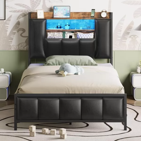 VIAGDO Queen Bed Frame with Hidden Storage Headboard and Charging Station Upholstered Metal Platform Bed Frame Queen Size with LED Lights Fast Charging Type C No Box Spring Needed BlackTwin