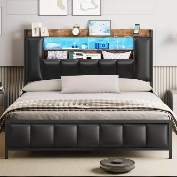 VIAGDO Queen Bed Frame with Hidden Storage Headboard and Charging Station Upholstered Metal Platform Bed Frame Queen Size with LED Lights Fast Charging Type C No Box Spring Needed BlackQueen