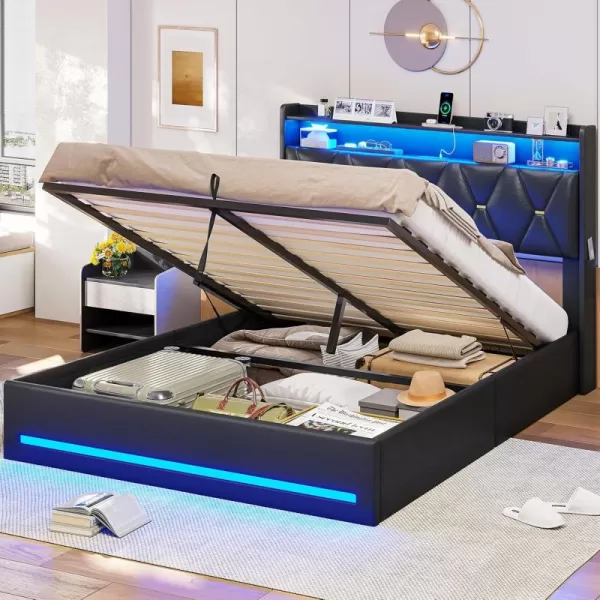VIAGDO Queen Size Lift Up Storage Bed Frame with Charging Station and LED Lights Upholstered Headboard with 2Tier Shelves Modern Led Bed Frame with Hydraulic Storage No Box Spring Needed BlackQueen