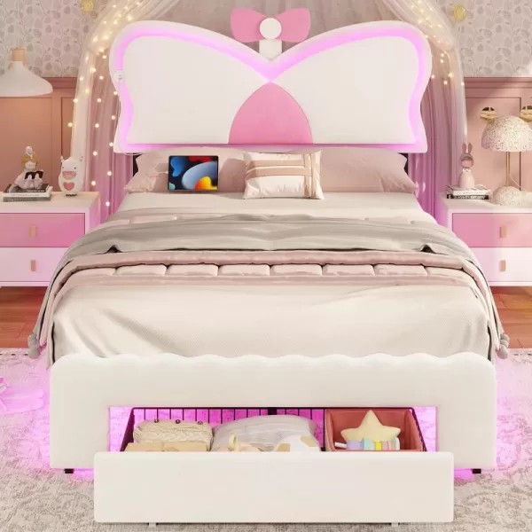 VIAGDO Twin Bed Frames with LED Lights and Storage Drawer Upholstered Bed Frame Twin Size with Height Adjustable Crown Headboard Type C and USB Charging Ports No Box Spring Needed WhiteTwin