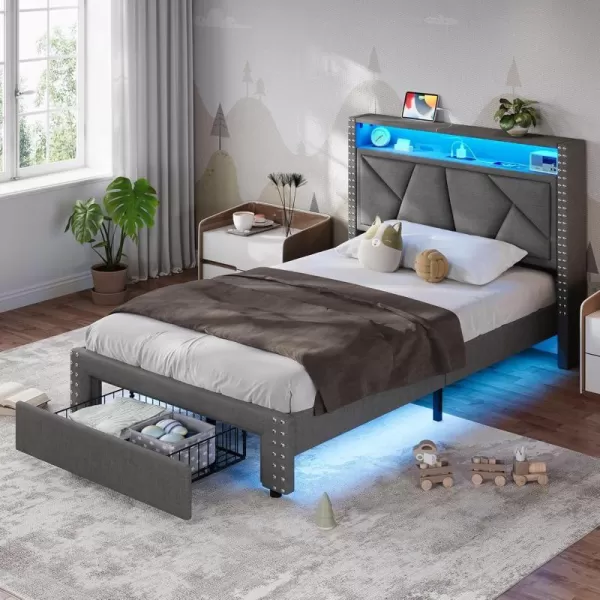 VIAGDO Twin Bed Frames with Shelf Headboard and 2 Storage Drawers Upholstered Platform Bed Frame Twin Size with Charging Station and LED Lights LED Twin Bed Frame No Box Spring Needed Dark Grey