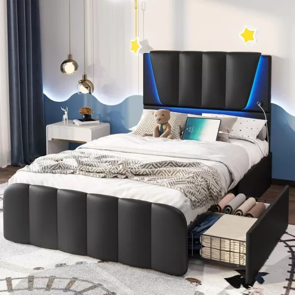 VIAGDO Twin Bed Frames with Storage Drawers and LED Lights Upholstered Platform Bed Frame Twin Size with Height Adjustable Headboard 2 USB Ports No Box Spring Needed Cream WhiteBlack