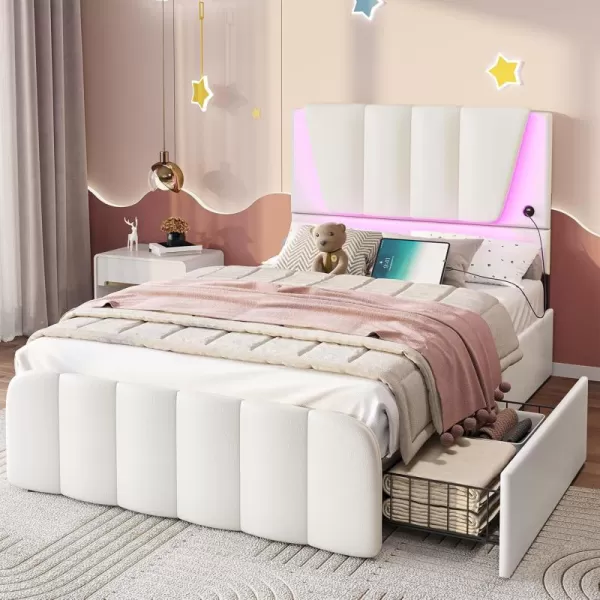 VIAGDO Twin Bed Frames with Storage Drawers and LED Lights Upholstered Platform Bed Frame Twin Size with Height Adjustable Headboard 2 USB Ports No Box Spring Needed Cream WhiteCream White
