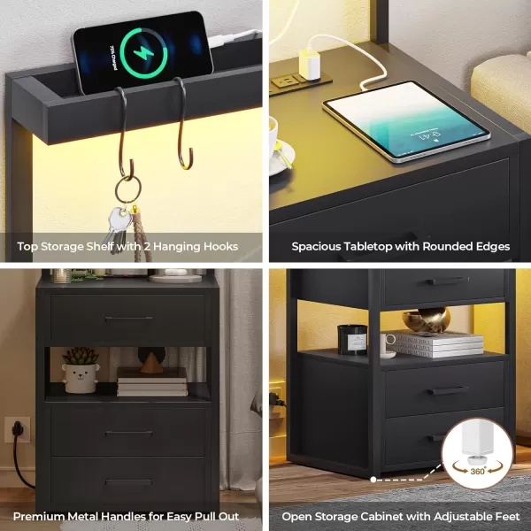 VIAGDO Led Nightstand with Charging Station 3 Drawers Night Stands with Led Lights White Bedside Tables with Storage Shelves Modern End Side Tables for Bedroom OfficeBlack