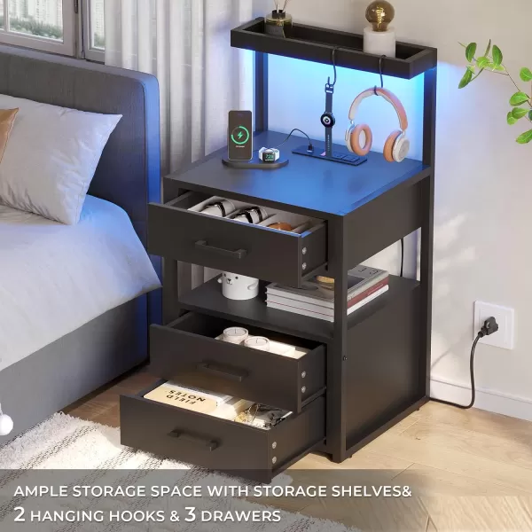 VIAGDO Led Nightstand with Charging Station 3 Drawers Night Stands with Led Lights White Bedside Tables with Storage Shelves Modern End Side Tables for Bedroom OfficeBlack