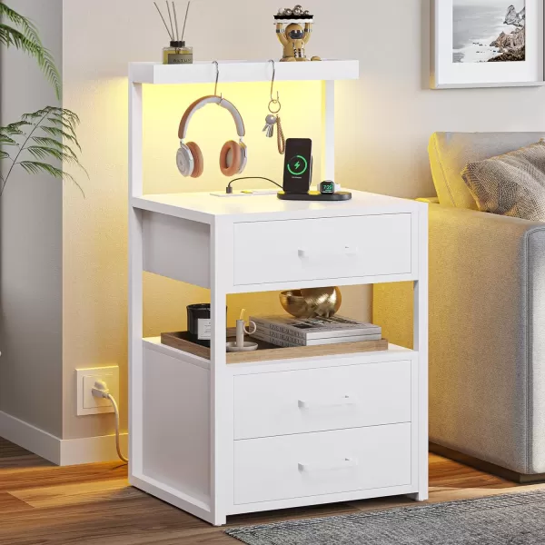 VIAGDO Led Nightstand with Charging Station 3 Drawers Night Stands with Led Lights White Bedside Tables with Storage Shelves Modern End Side Tables for Bedroom OfficeWhite