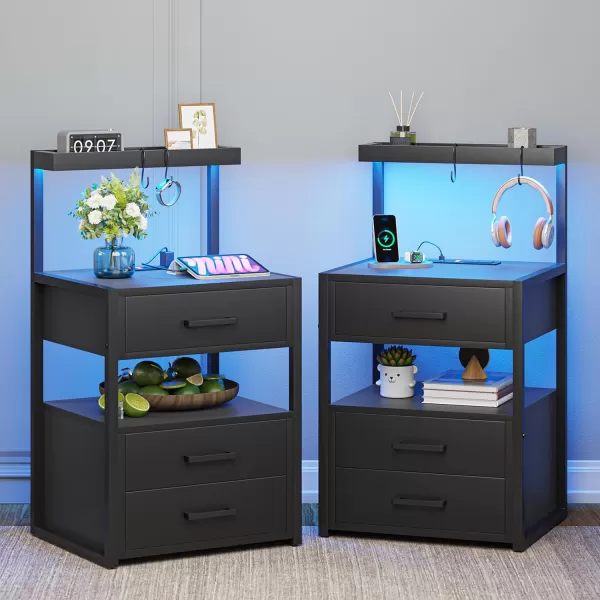 VIAGDO Led Nightstand with Charging Station 3 Drawers Night Stands with Led Lights White Bedside Tables with Storage Shelves Modern End Side Tables for Bedroom OfficeBlack