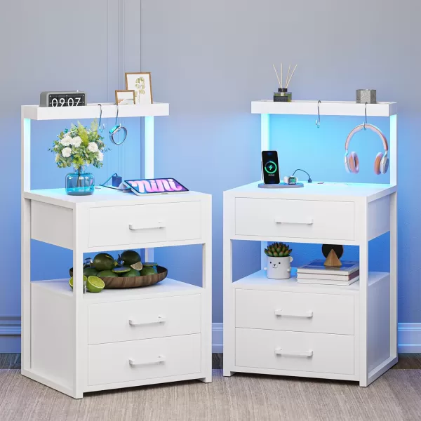 VIAGDO Led Nightstand with Charging Station 3 Drawers Night Stands with Led Lights White Bedside Tables with Storage Shelves Modern End Side Tables for Bedroom OfficeWhite