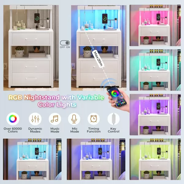 VIAGDO Led Nightstand with Charging Station 3 Drawers Night Stands with Led Lights White Bedside Tables with Storage Shelves Modern End Side Tables for Bedroom OfficeWhite