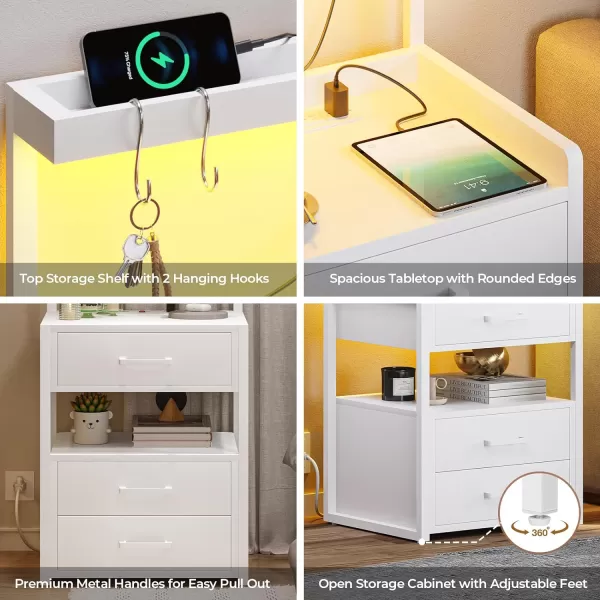 VIAGDO Led Nightstand with Charging Station 3 Drawers Night Stands with Led Lights White Bedside Tables with Storage Shelves Modern End Side Tables for Bedroom OfficeWhite