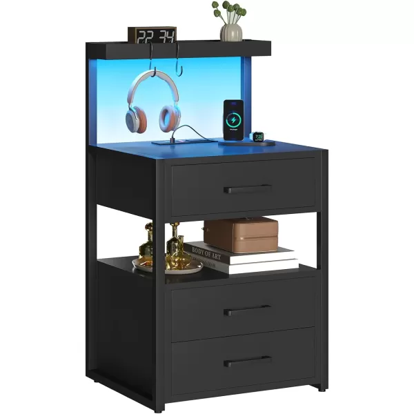 VIAGDO Led Nightstand with Charging Station 3 Drawers Night Stands with Led Lights White Bedside Tables with Storage Shelves Modern End Side Tables for Bedroom OfficeBlack