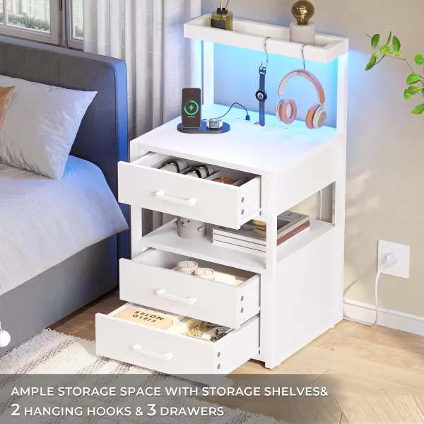 VIAGDO Led Nightstand with Charging Station 3 Drawers Night Stands with Led Lights White Bedside Tables with Storage Shelves Modern End Side Tables for Bedroom OfficeWhite