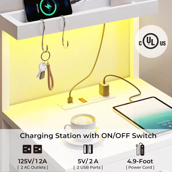 VIAGDO Led Nightstand with Charging Station 3 Drawers Night Stands with Led Lights White Bedside Tables with Storage Shelves Modern End Side Tables for Bedroom OfficeWhite