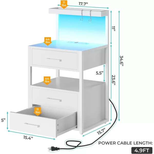 VIAGDO Led Nightstand with Charging Station 3 Drawers Night Stands with Led Lights White Bedside Tables with Storage Shelves Modern End Side Tables for Bedroom OfficeWhite