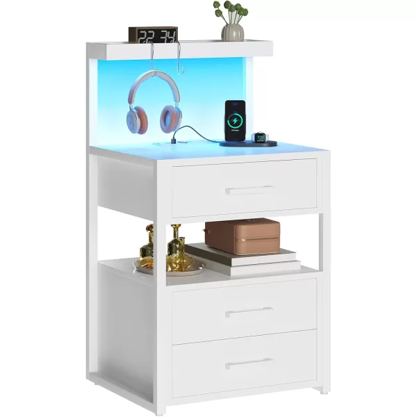 VIAGDO Led Nightstand with Charging Station 3 Drawers Night Stands with Led Lights White Bedside Tables with Storage Shelves Modern End Side Tables for Bedroom OfficeWhite