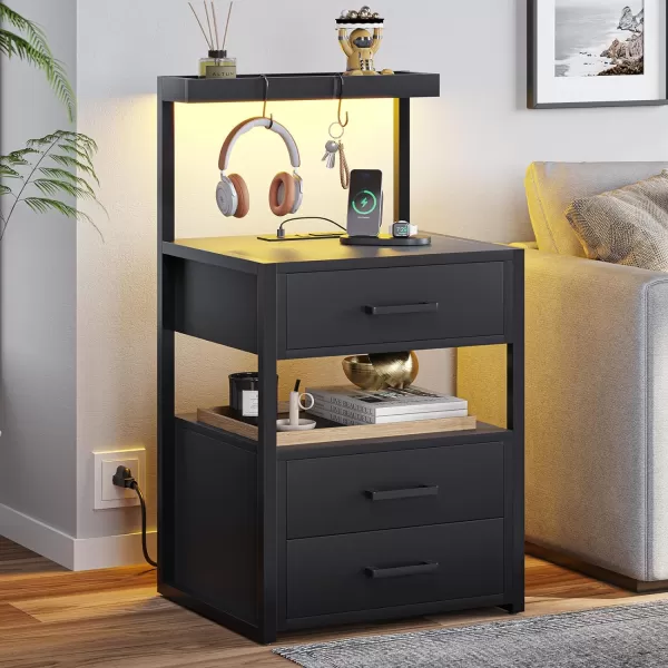VIAGDO Led Nightstand with Charging Station 3 Drawers Night Stands with Led Lights White Bedside Tables with Storage Shelves Modern End Side Tables for Bedroom OfficeBlack
