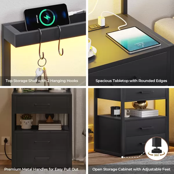 VIAGDO Led Nightstand with Charging Station 3 Drawers Night Stands with Led Lights White Bedside Tables with Storage Shelves Modern End Side Tables for Bedroom OfficeBlack