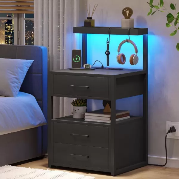 VIAGDO Led Nightstand with Charging Station 3 Drawers Night Stands with Led Lights White Bedside Tables with Storage Shelves Modern End Side Tables for Bedroom OfficeBlack