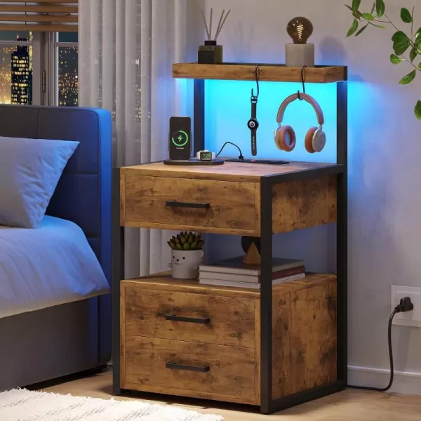 VIAGDO Led Nightstand with Charging Station 3 Drawers Night Stands with Led Lights White Bedside Tables with Storage Shelves Modern End Side Tables for Bedroom OfficeRustic Brown