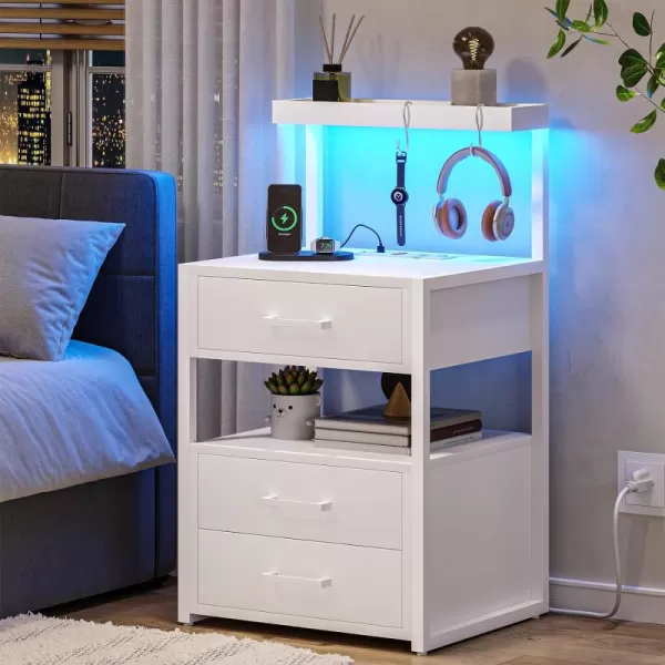 VIAGDO Led Nightstand with Charging Station 3 Drawers Night Stands with Led Lights White Bedside Tables with Storage Shelves Modern End Side Tables for Bedroom OfficeWhite