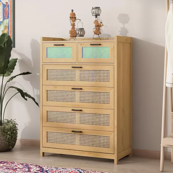 imageVIAGDO 6 Drawer Dresser for Bedroom Rattan Chest of Drawers with LED Lights Wood Storage Dresser Chest with Metal Handle Modern Dresser for Closet Bedroom Living Room HallwayNatural Rattan