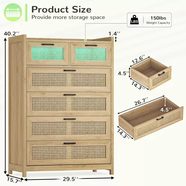 imageVIAGDO 6 Drawer Dresser for Bedroom Rattan Chest of Drawers with LED Lights Wood Storage Dresser Chest with Metal Handle Modern Dresser for Closet Bedroom Living Room HallwayNatural Rattan