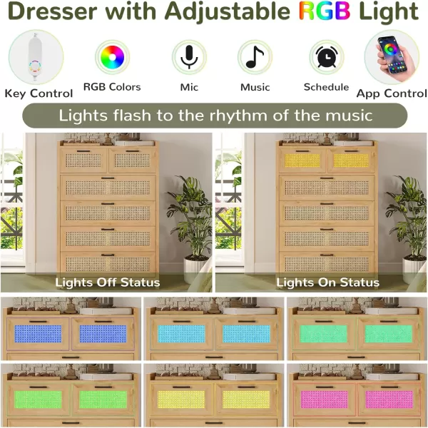 imageVIAGDO 6 Drawer Dresser for Bedroom Rattan Chest of Drawers with LED Lights Wood Storage Dresser Chest with Metal Handle Modern Dresser for Closet Bedroom Living Room HallwayNatural Rattan