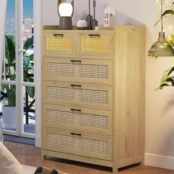 imageVIAGDO 6 Drawer Dresser for Bedroom Rattan Chest of Drawers with LED Lights Wood Storage Dresser Chest with Metal Handle Modern Dresser for Closet Bedroom Living Room HallwayNatural Rattan