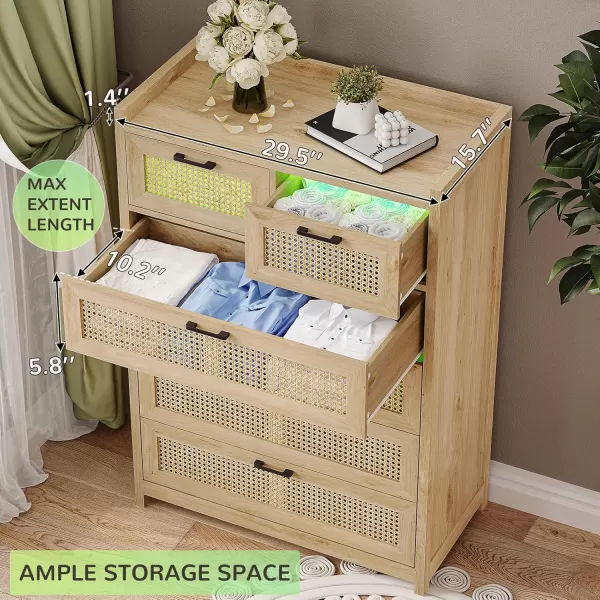 imageVIAGDO 6 Drawer Dresser for Bedroom Rattan Chest of Drawers with LED Lights Wood Storage Dresser Chest with Metal Handle Modern Dresser for Closet Bedroom Living Room HallwayNatural Rattan