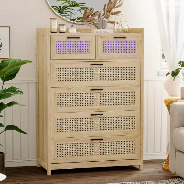 imageVIAGDO 6 Drawer Dresser for Bedroom Rattan Chest of Drawers with LED Lights Wood Storage Dresser Chest with Metal Handle Modern Dresser for Closet Bedroom Living Room HallwayNatural Rattan