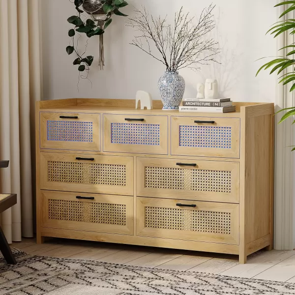 imageVIAGDO 6 Drawer Dresser for Bedroom Rattan Chest of Drawers with LED Lights Wood Storage Dresser Chest with Metal Handle Modern Dresser for Closet Bedroom Living Room HallwayNatural Rattan