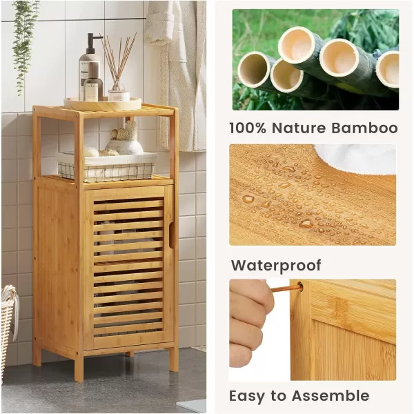 imageVIAGDO Bamboo Cabinet Bathroom Storage Cabinet with Single Door and Shelf Freestanding Bathroom Cabinet Kitchen Cupboard Sofa Side Table for Living RoomHallwayKitchen