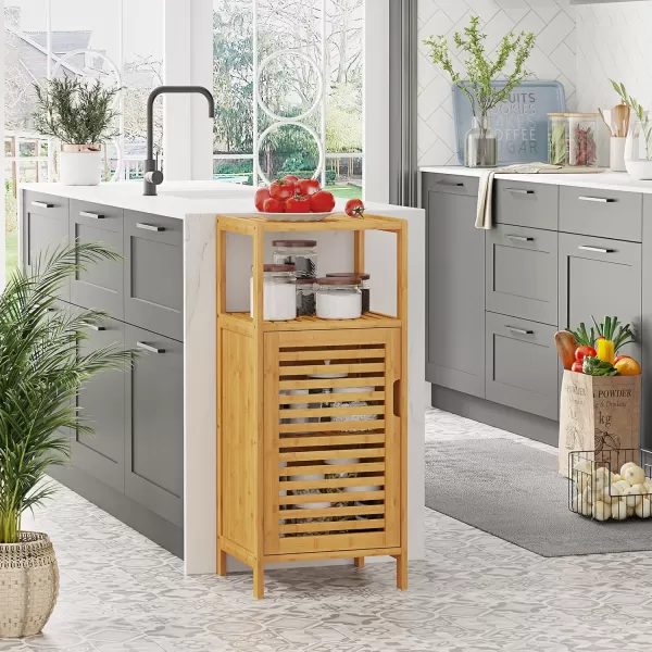 imageVIAGDO Bamboo Cabinet Bathroom Storage Cabinet with Single Door and Shelf Freestanding Bathroom Cabinet Kitchen Cupboard Sofa Side Table for Living RoomHallwayKitchen