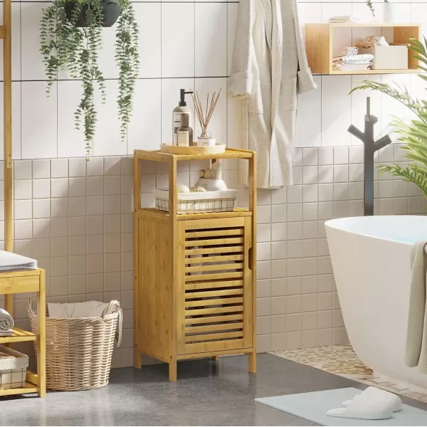 imageVIAGDO Bamboo Cabinet Bathroom Storage Cabinet with Single Door and Shelf Freestanding Bathroom Cabinet Kitchen Cupboard Sofa Side Table for Living RoomHallwayKitchen