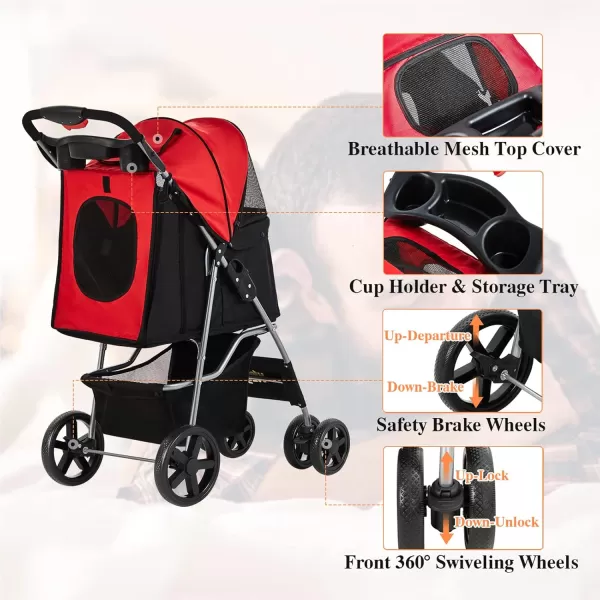 imageVIAGDO Dog Stroller Pet Strollers for Small Medium Dogs ampamp Cats 4 Wheels Dog Jogging Stroller Folding Doggy Stroller with Storage Basket for Dog ampamp Cat Traveling Strolling CartRed
