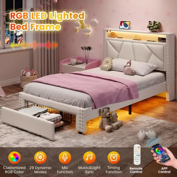 imageVIAGDO Twin Bed Frames with Shelf Headboard and 2 Storage Drawers Upholstered Platform Bed Frame Twin Size with Charging Station and LED Lights LED Twin Bed Frame No Box Spring Needed Cream WhiteCream White