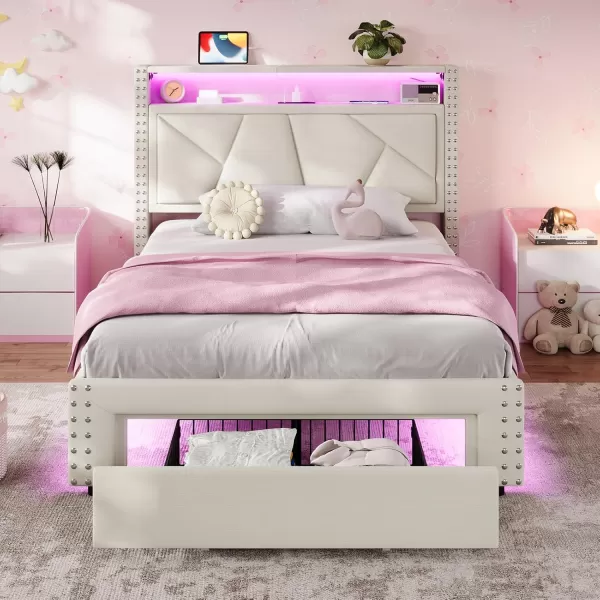 imageVIAGDO Twin Bed Frames with Shelf Headboard and 2 Storage Drawers Upholstered Platform Bed Frame Twin Size with Charging Station and LED Lights LED Twin Bed Frame No Box Spring Needed Cream WhiteCream White