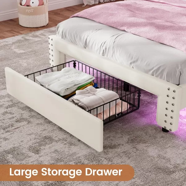 imageVIAGDO Twin Bed Frames with Shelf Headboard and 2 Storage Drawers Upholstered Platform Bed Frame Twin Size with Charging Station and LED Lights LED Twin Bed Frame No Box Spring Needed Cream WhiteCream White