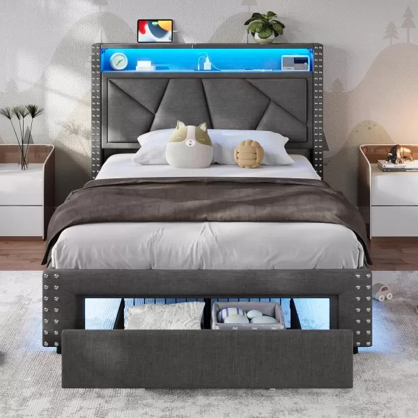 imageVIAGDO Twin Bed Frames with Shelf Headboard and 2 Storage Drawers Upholstered Platform Bed Frame Twin Size with Charging Station and LED Lights LED Twin Bed Frame No Box Spring Needed Cream WhiteDark Grey