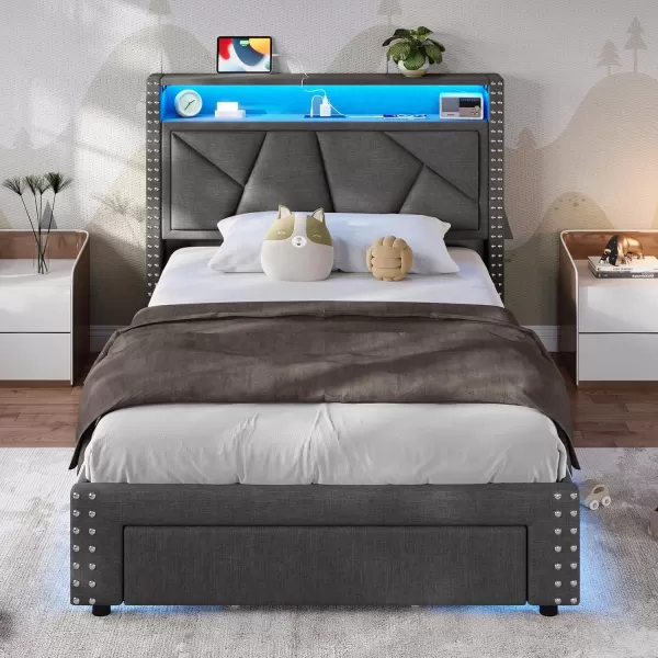 imageVIAGDO Twin Bed Frames with Shelf Headboard and 2 Storage Drawers Upholstered Platform Bed Frame Twin Size with Charging Station and LED Lights LED Twin Bed Frame No Box Spring Needed Cream WhiteDark Grey