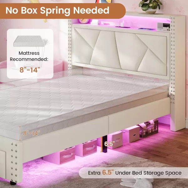 imageVIAGDO Twin Bed Frames with Shelf Headboard and 2 Storage Drawers Upholstered Platform Bed Frame Twin Size with Charging Station and LED Lights LED Twin Bed Frame No Box Spring Needed Cream WhiteCream White