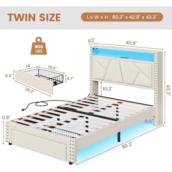 imageVIAGDO Twin Bed Frames with Shelf Headboard and 2 Storage Drawers Upholstered Platform Bed Frame Twin Size with Charging Station and LED Lights LED Twin Bed Frame No Box Spring Needed Cream WhiteCream White