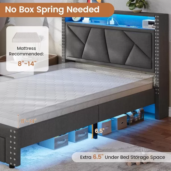 imageVIAGDO Twin Bed Frames with Shelf Headboard and 2 Storage Drawers Upholstered Platform Bed Frame Twin Size with Charging Station and LED Lights LED Twin Bed Frame No Box Spring Needed Cream WhiteDark Grey