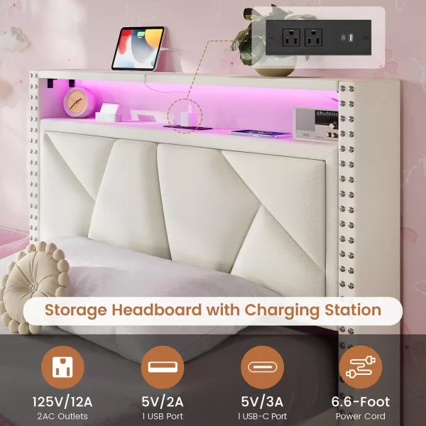 imageVIAGDO Twin Bed Frames with Shelf Headboard and 2 Storage Drawers Upholstered Platform Bed Frame Twin Size with Charging Station and LED Lights LED Twin Bed Frame No Box Spring Needed Cream WhiteCream White