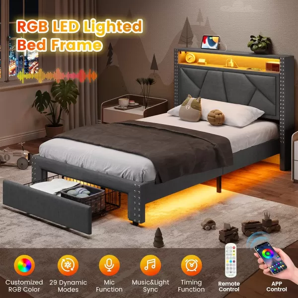 imageVIAGDO Twin Bed Frames with Shelf Headboard and 2 Storage Drawers Upholstered Platform Bed Frame Twin Size with Charging Station and LED Lights LED Twin Bed Frame No Box Spring Needed Cream WhiteDark Grey