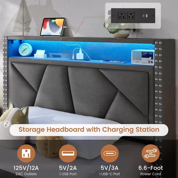 imageVIAGDO Twin Bed Frames with Shelf Headboard and 2 Storage Drawers Upholstered Platform Bed Frame Twin Size with Charging Station and LED Lights LED Twin Bed Frame No Box Spring Needed Cream WhiteDark Grey