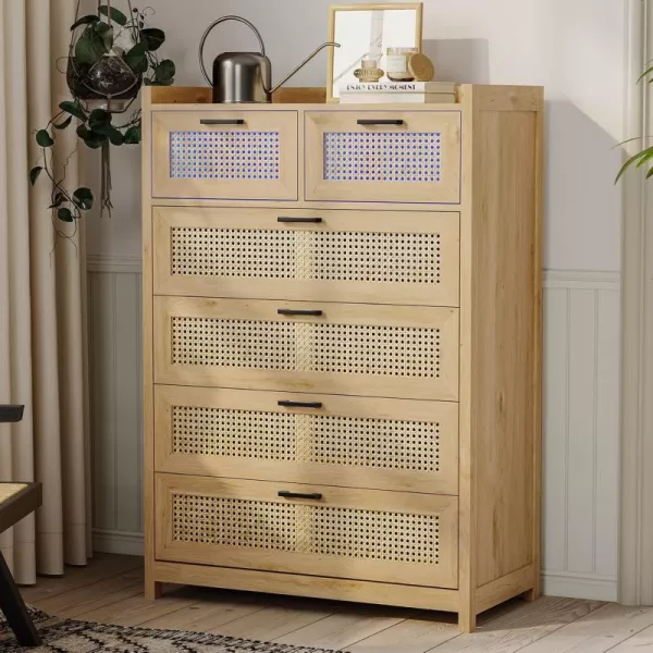 imageVIAGDO 6 Drawer Dresser for Bedroom Rattan Chest of Drawers with LED Lights Wood Storage Dresser Chest with Metal Handle Modern Dresser for Closet Bedroom Living Room HallwayNatural Rattan
